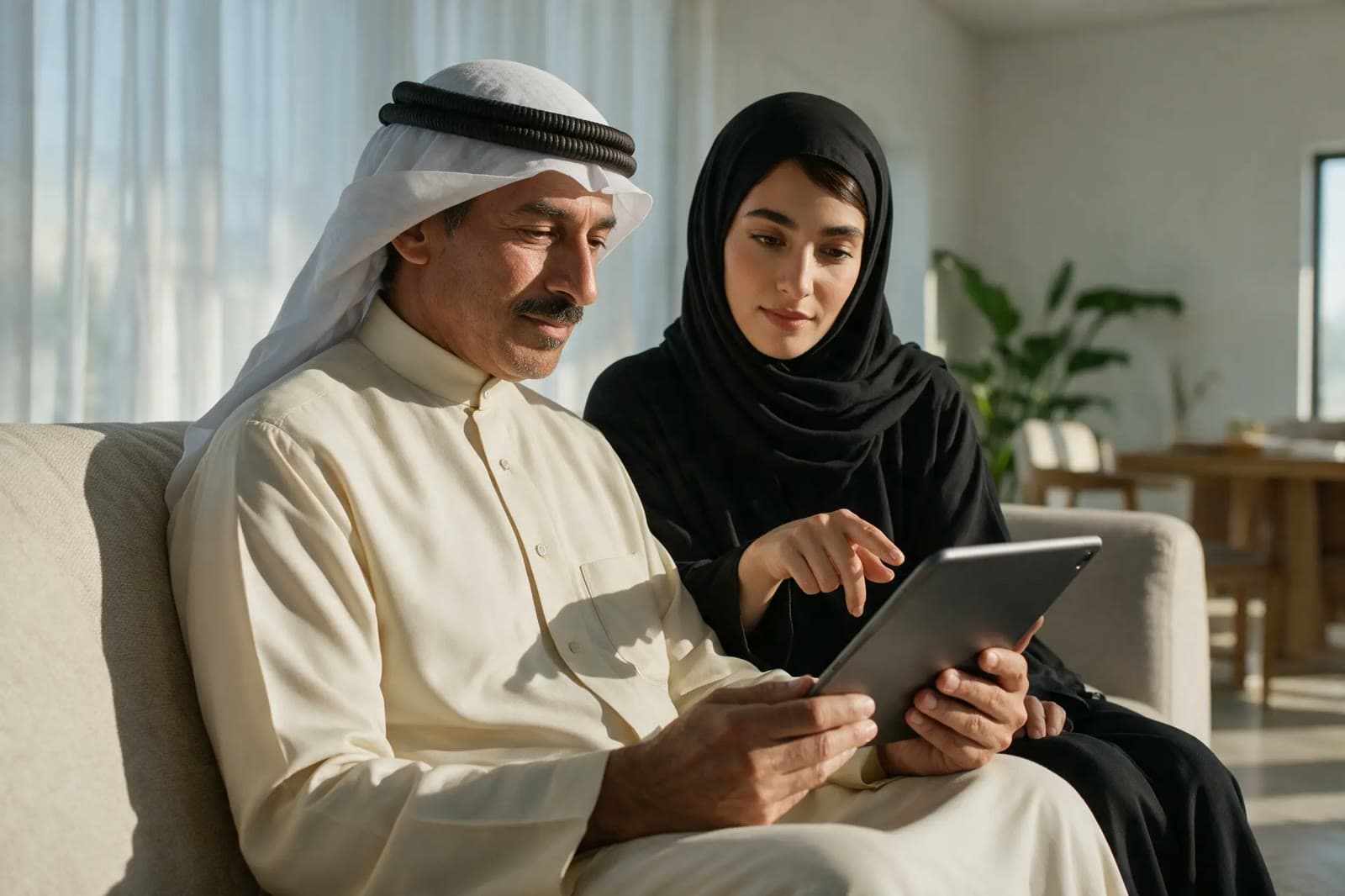 Khalid and Fatima completing the intake on a tablet at home