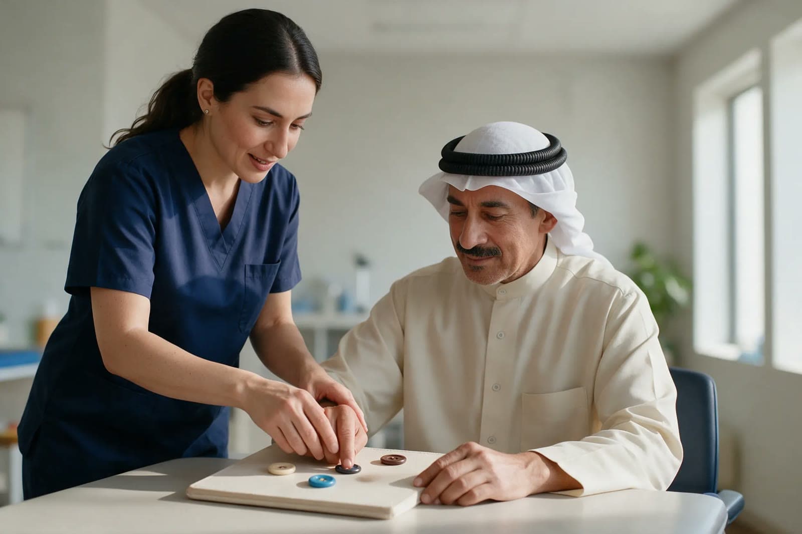Khalid practising buttons with an occupational therapist