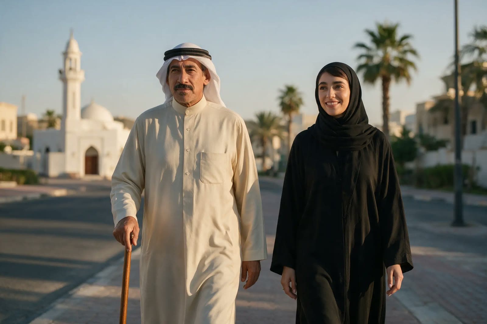 Khalid and Fatima walking to the neighbourhood mosque