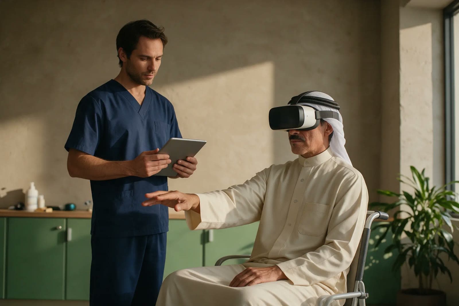 Khalid in an Aimedis XR reaching exercise, with a physiotherapist